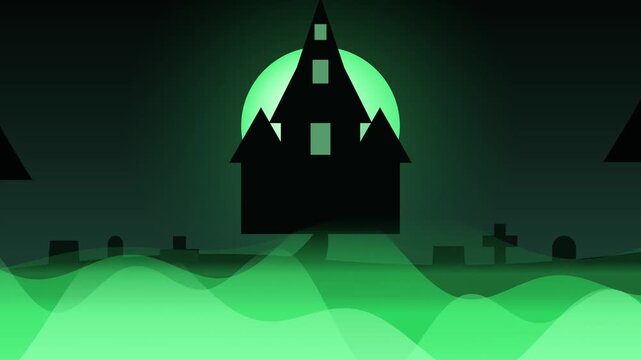 Spooky Haunted House Silhouette Against Eerie Green Moon.