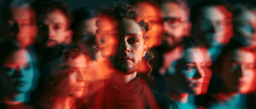 Diverse Group of People with a Focused Central Figure Amidst a Digital Glitch Effect, Emphasizing Identity, Multiplicity, and Modern Connection in a Dynamic Portrait