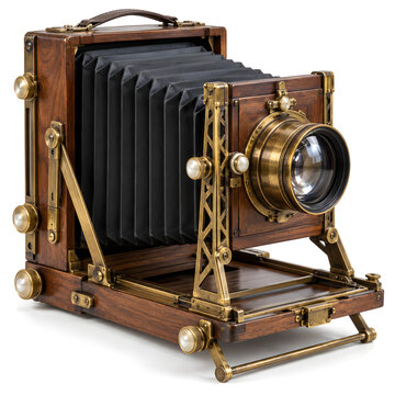 Vintage Folding Field Camera with Brass Lattice and Wooden Body Isolated on White Background