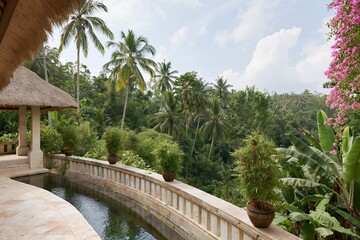 Obraz premium The Tropical Terrace Overlooking Lush Garden And Coconut Palm Canopy