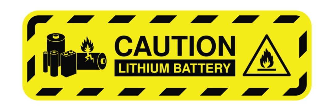 Lithium battery caution warning label with fire hazard symbol, isolated on white background