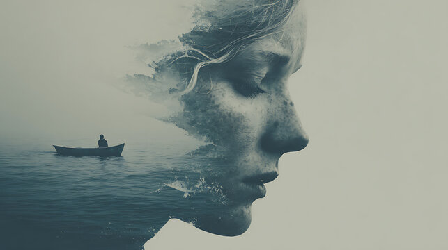 Conceptual double exposure portrait of a woman overlooking a solitary boat on calm water, symbolizing loneliness, introspection, isolation, emotional distance, depression, healing, and mental health