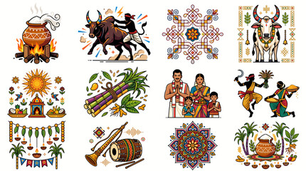 Obraz premium Pongal Festival Flat Vector Illustration Set, Tamil Harvest Kolam and Jallikattu Traditional Cultural Collection, 12 Cultural Designs
