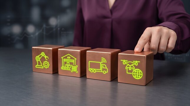 Finger touching metallic cubes with neon smart logistics icons.
