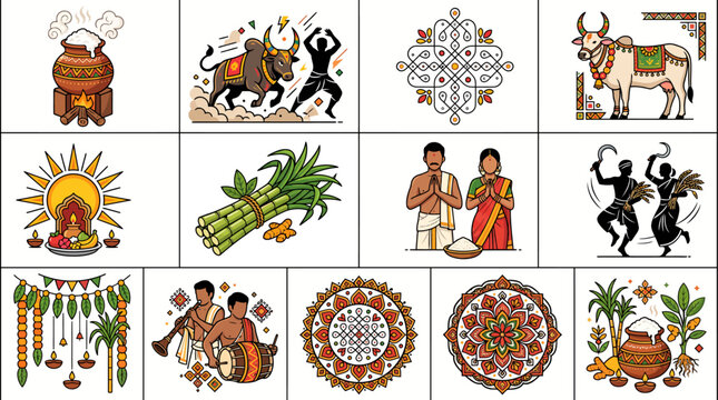 Tamil Nadu Pongal Harvest Festival Vector Set, Decorated Cattle Traditional Dress and Festive Decoration Flat Illustration Collection