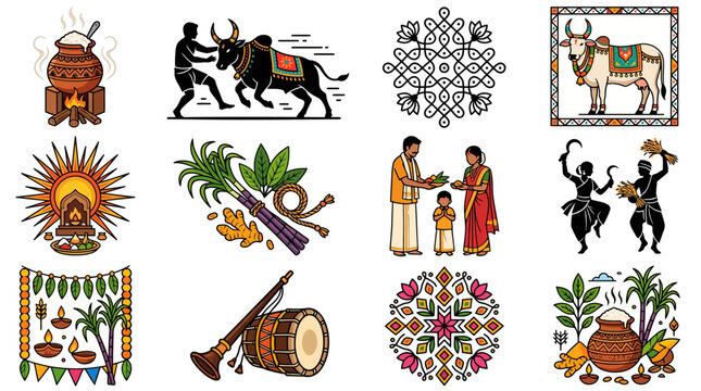 Kolam Rangoli Pongal Vector Illustration Bundle, Tamil Festival Costume Ornament and Geometric Folk Pattern Design Set
