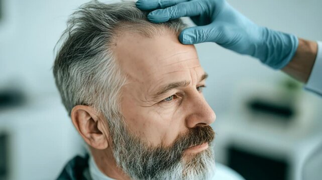 A man sits in a clinic chair while a healthcare worker examines his hair. The worker is wearing gloves and focusing on the man's scalp. It is daytime.