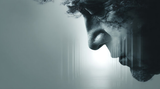 Surreal portrait of a person merging with a dark forest and architectural space, symbolizing isolation, anxiety, inner conflict, emotional distress, and mental health struggles