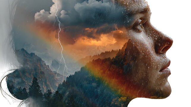 Surreal exposure portrait of a woman with mountains, forest, clouds, rain and lightning within her profile, symbolizing emotional turmoil, resilience, introspection, and mental health.