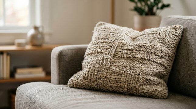 A close up view of a knitted pillow on a sofa in an empty room, creating a somber feeling that captures the quiet aftermath of a divorce and emotional separation in a cozy living space