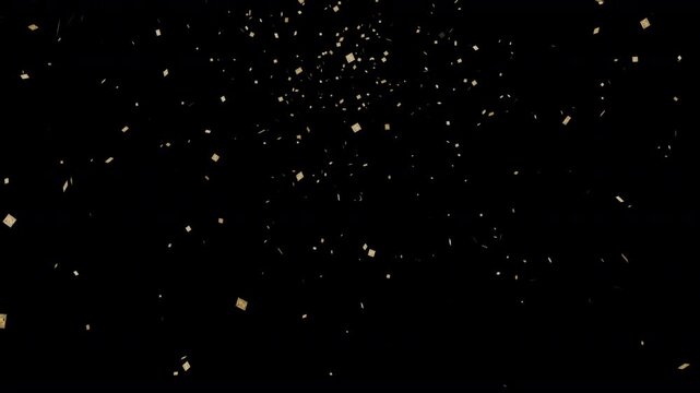 Falling golden tickets or square pieces of party celebration ticker tape foil paper cards confetti celebration paper burst 4K animation with black background made invisible using screen blend mode