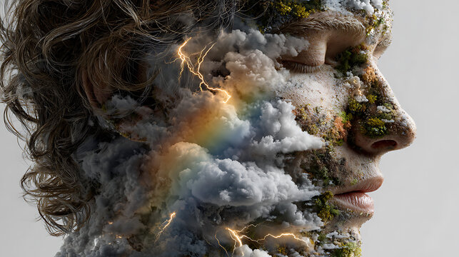 Surreal portrait of a woman with clouds, lightning, and moss merging with her face, symbolizing a turbulent mind, anxiety, emotional stress, inner conflict, and mental health. struggle