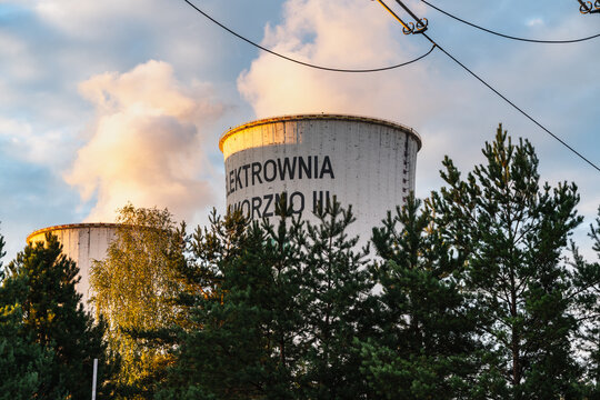 Jaworzno, Poland - 30 August 2026: View of the cooling towers at the Jaworzno power plant with steam rising against a cloudy sky and pine trees in the foreground.