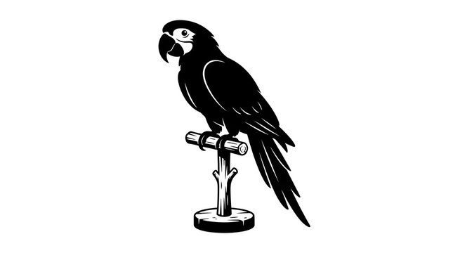 Black silhouette of a macaw parrot sitting on a wooden perch. Versatile vector illustration for pirate themes, tropical designs, and nautical concepts