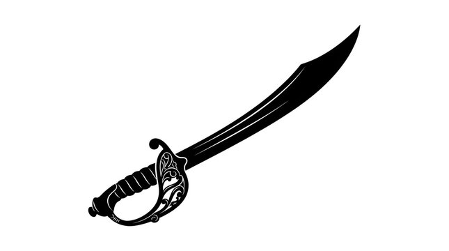 Black silhouette vector of a classic pirate cutlass sword with an ornate handle. Ideal for adventure graphics, historic themes, and gaming assets