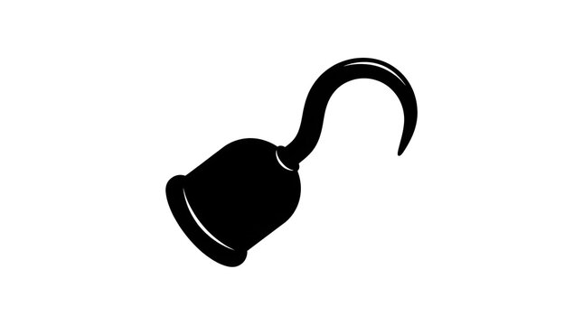 Black silhouette of a classic pirate hook hand. Isolated vector element for nautical themes, Halloween designs, pirate costumes, and adventure graphics