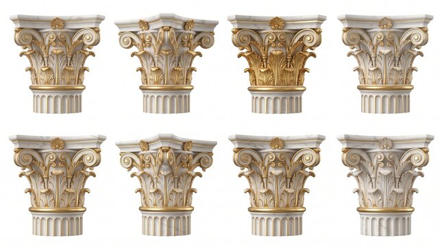 Collection of ornate marble Corinthian column capitals for architecture design