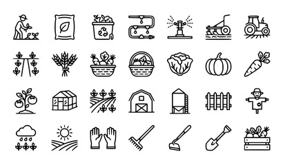 Fototapeta premium Sustainable Agriculture Farming Outline Icon Set