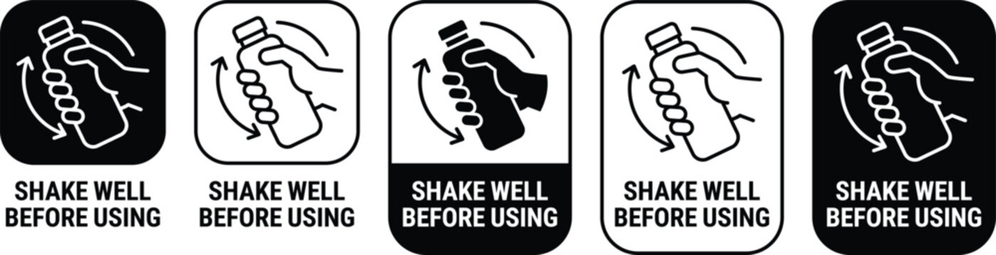 A practical collection of shake well before using icons, vector illustrations showing a hand shaking a bottle, instruction labels for food or cosmetic products