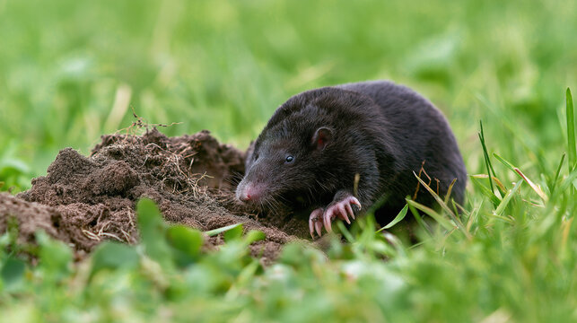Mole emerging from soil mound in green grass