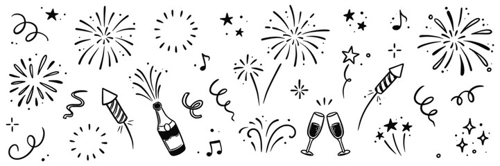 Hand drawn celebration elements set with fireworks, champagne, and confetti isolated on white background © Clarios Stock