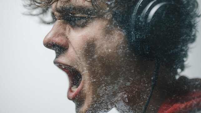 Close-up portrait of a distressed person wearing headphones behind textured glass, expressing anxiety, emotional overwhelm, stress, isolation, mental health struggles, and inner tension