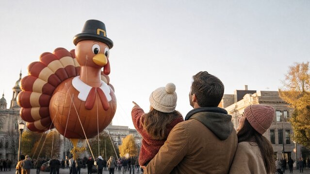 Thanksgiving parade turkey balloon floating above crowd in city  