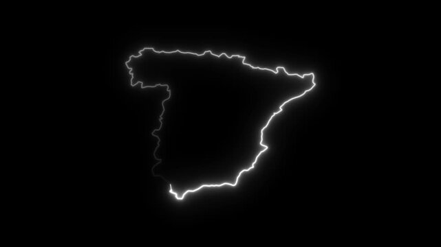 Neon glowing map of spain on a black background, digital illustration of spanish territory borders
