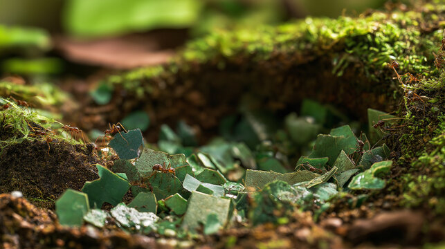 Red ants foraging on moss and leaf litter in forest