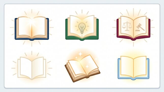 Set of glowing book icons for education and reading apps