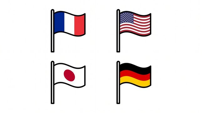 Set of four national flags waving on poles isolated on white background