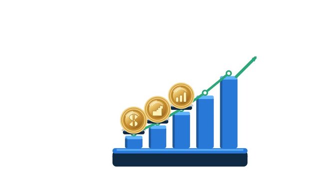 Premium corporate finance animation showing three detailed gold investment coins landing sequentially and triggering a rising business performance graph. The visual communicates investment, capital gr