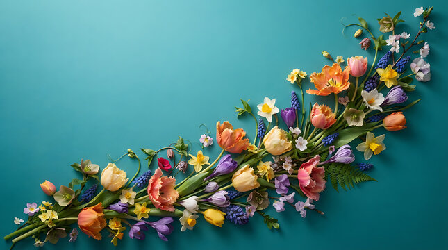 A diagonal arrangement of assorted spring flowers including tulips, hyacinths, and daffodils placed on a solid teal blue background, showcasing a vibrant collection of fresh seasonal blooms