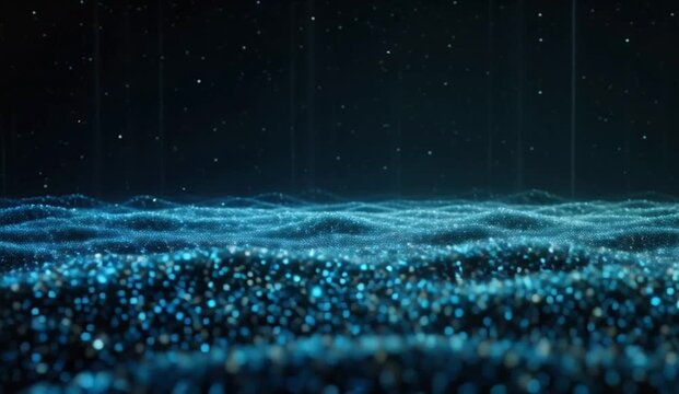 Abstract visualization of a vast invisible energy reservoir represented by softly glowing particles circulating in slow organized currents, periodic waves travel through the field and redistribute 