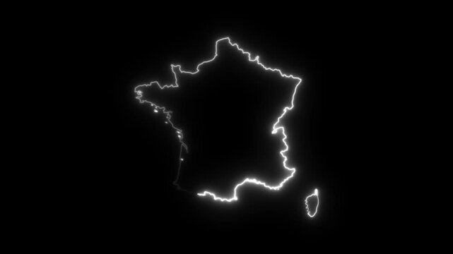 Glowing neon map of france on a black background