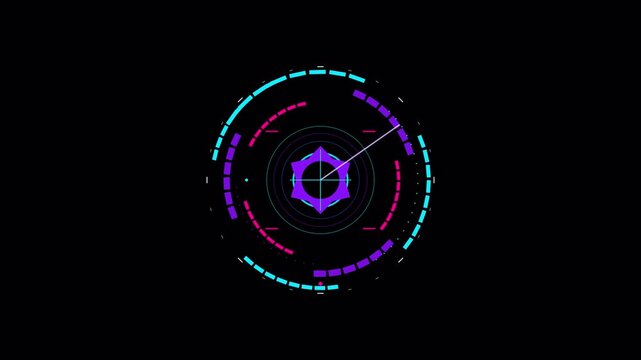 Futuristic HUD circular scanner with rotating radar beam and glowing digital data rings for technology user interface background 4K animation alpha chanel