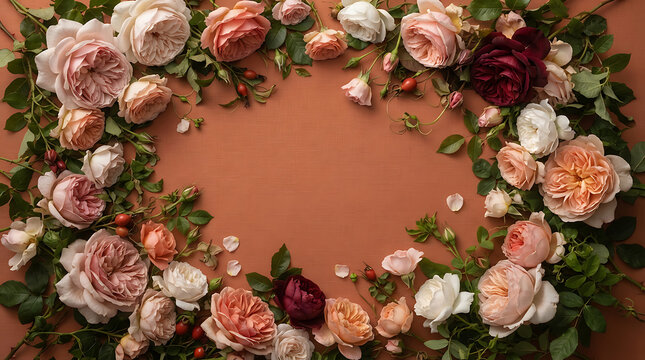A frame of various blooming roses in shades of pink, peach, and deep red, arranged in a circular wreath pattern on a solid terracotta orange background, view, floral arrangement