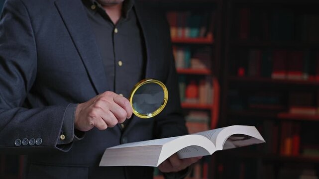 Read, learn school shelf bookshop background store university college research student person stack interior hand bookshelf concept choice, holding magnifying glass over open textbook study.