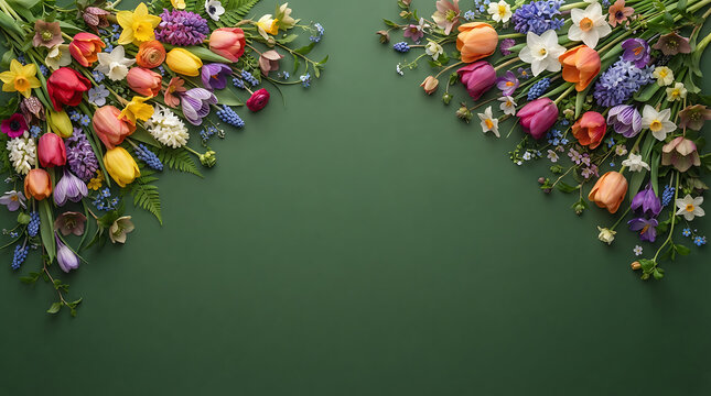 A lush floral border featuring two corner arrangements of colorful spring flowers like tulips, hyacinths, and daffodils on a dark forest green background, seasonal invitations or cards