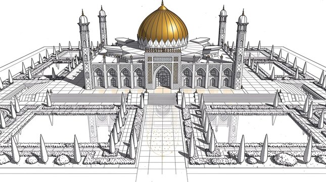 A 3D rendered model of a mosque with a golden dome and white towers stands against a white.