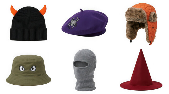 Collection of various halloween themed hats including beanies, beret, trapper hat, bucket hat, balaclava, and witch hat isolated on transparent background