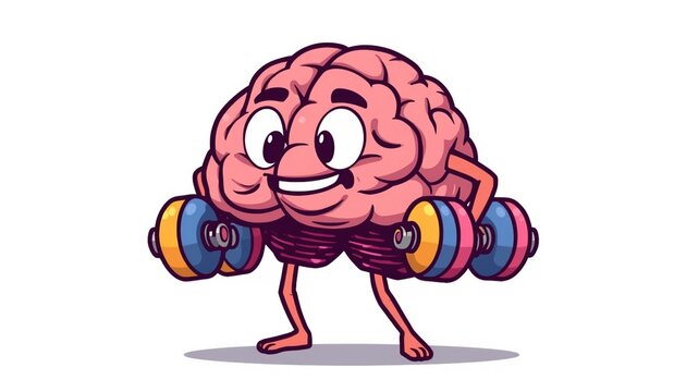 A cartoon brain lifting colorful dumbbells with a happy expression