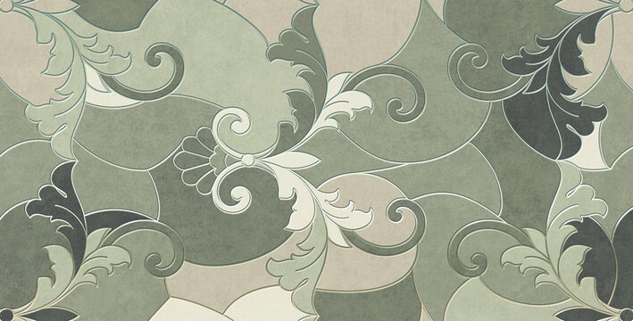 Tree leaves on a grunge texture background, wallpaper for interiors. Vintage green wallpaper for classical design interior design or oriental design seamless pattern with flowers