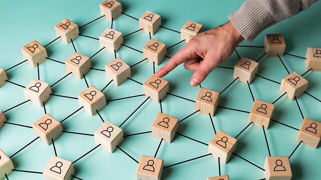 Business network concept with connected people and professional relationships on blue background