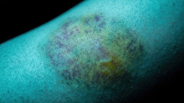 Forensic UV light examination of skin contusion and hematoma bruise close up