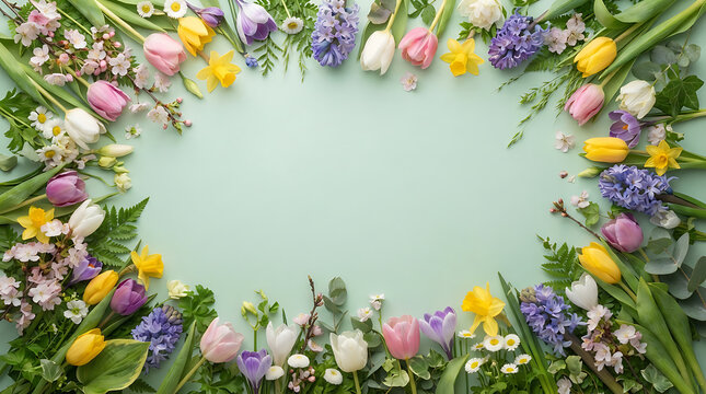 A vibrant oval frame of colorful spring flowers including tulips, hyacinths, and daffodils arranged on a soft light green background, creating a festive border for seasonal greeting card layouts