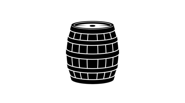 Black and white silhouette of a classic wooden barrel with metal hoops. Perfect for winery, brewery, pirate, or rustic design themes. Minimalist vector style illustration.