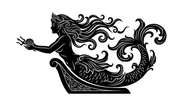 Ornate black and white silhouette of a beautiful mermaid holding a trident. Classic nautical figurehead design with intricate swirling waves, perfect for fantasy and maritime art.
