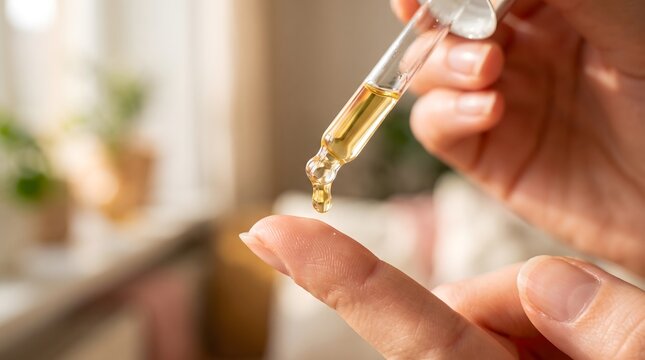Golden serum droplet falls from a clear glass pipette onto a finger for skincare application with natural morning lighting aesthetic