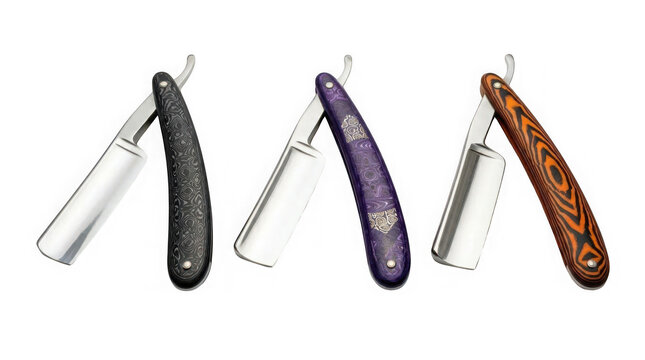 Three straight razors with patterned handles in black, purple, and orange isolated on transparent background